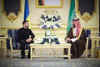 A handout photo made available by Ukraine's Presidential Press Service on 11 March 2025 shows Ukrainian President Volodymyr Zelensky (L) attending a meeting with Saudi Crown Prince and Prime Minister Mohammed bin Salman Al Saud (R) in Jeddah, Saudi Arabia, late 10 March 2025 (issued 11 March 2025).